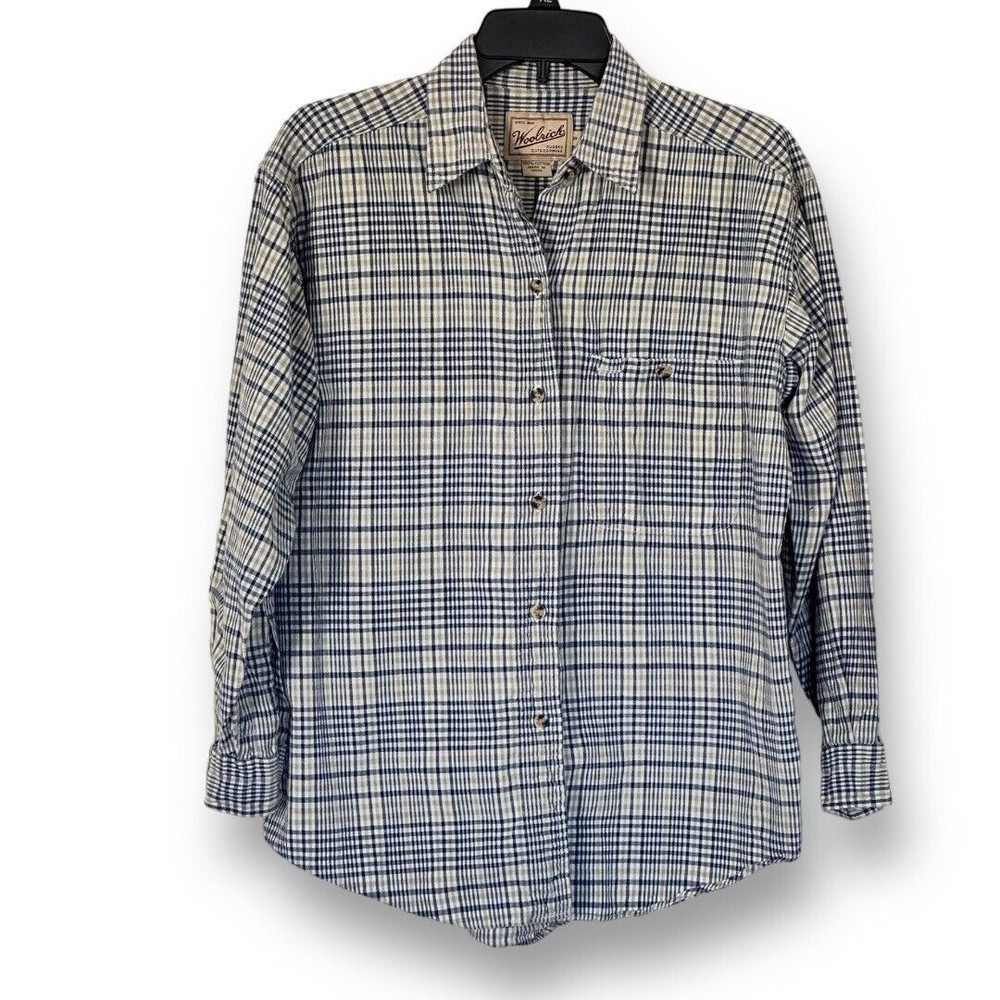 Vintage Woolrich Women’s Sz Small Tan Blue Plaid Button Up Long Sleeve Shirt Y2K